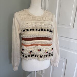 Anthropologie Forever That Girl Fringed Pompom Cream Sweatshirt Size Small